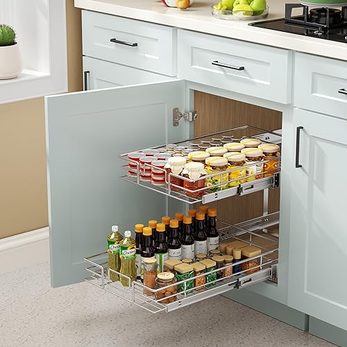 Pull Out Cabinet Organizer (13½"W x 21½"D),2 Tier Pull Out Storage Shelf Drawer Basket,Sliding Shelves for Base Cabinet Organization in Kitchen, Bathroom, Pantry - view 5