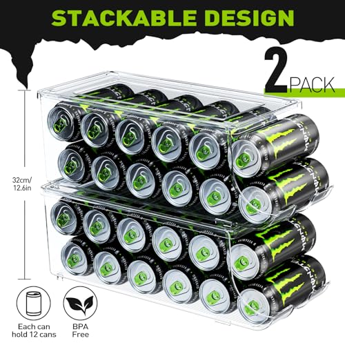 2 Pack Tall Skinny Can Organizer for Refrigerator, Stackable Large Soda Cans of 16oz & 17oz Beverage Energy Drink Container Holder Dispenser with Lid for Fridge, Clear Storage Plastic Bins - view 2