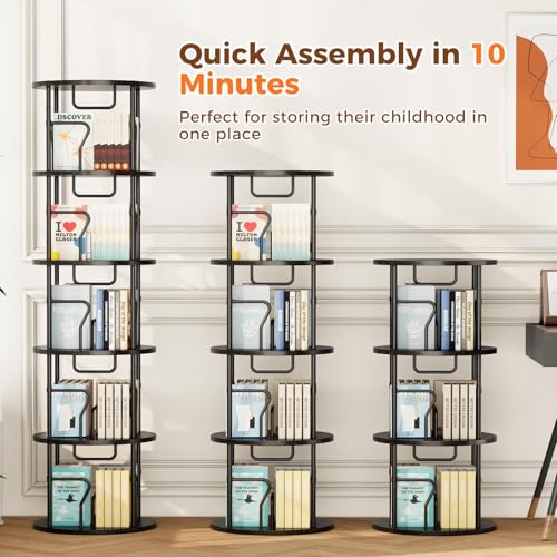 4 Tier Rotating Bookshelf Tower, 360° Display Round Bookcase, Floor Standing Corner Revolving Bookshelf Organizer Storage Rack for Small Spaces, Home Study Office, Black - view 4