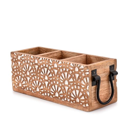 Mango Wood 3 Compartment Multi Purpose Utensil Cutlery Racks for Cutlery, Napkins, Cups Caddy Organizer (11" x 4" x 4.5") - view 3