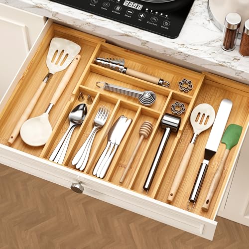 Drawer organizer flatware organizer cutlery tray silverware organizer expandable adjustable bamboo drawer organizer kitchen bathroom - view 7