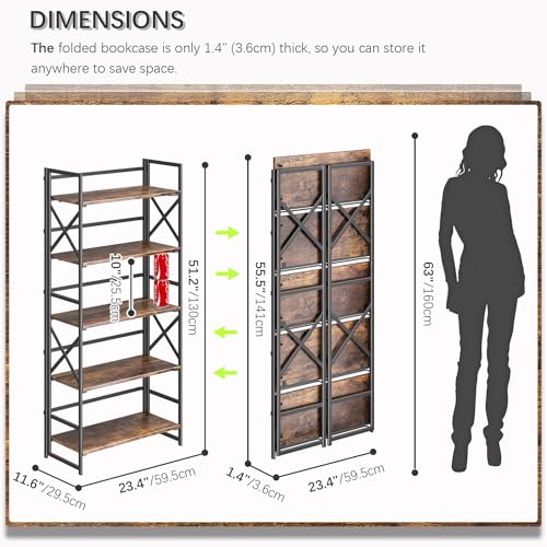5 Tiers No Assembly Book Shelves, 51.2" H Folding Bookshelf Bookcase Open Industrial Foldable Shelves for Bedroom, Living Room, Home Office - Rustic Brown Black - view 2