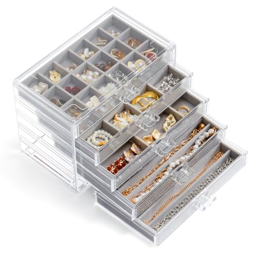 Acrylic Jewelry Storage Box Holder with 5 Drawers, Gray 48 Grids
