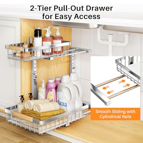 Under Sink Organizer, Adjustable Height, 2 Tier Pull Out Cabinet Organizer, Slide Out Thickened Metal Storage for Kitchen Bathroom Laundry Pantry Cabinet, Stainless Steel, Silver, Large-2-Pack - view 3
