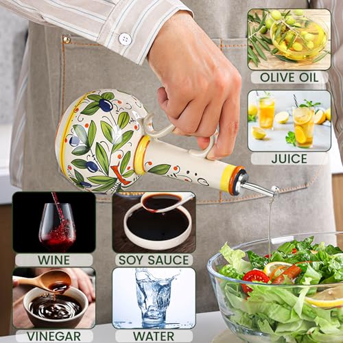 18 oz Ceramic Olive Oil Dispenser Bottle for Kitchen, Large Capacity Oli and Vinegar Cruet with Stainless Steel Spout, 540 ml Oil Container with Handle for Cooking Preventing, Vinegar Cruet - view 3