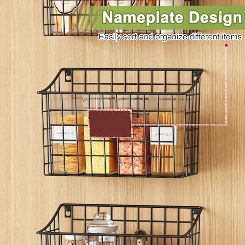 Wall Mounted Bin Basket with 5 Hooks 3 Label Plate Adhesive-3 Pack, Cabinet Hanging Metal Wire Basket,Rustic Farmhouse Decor, Storage Organization Shelf for Pantry Kitchen Bathroom 10.6*7.5*5.1inch - view 2