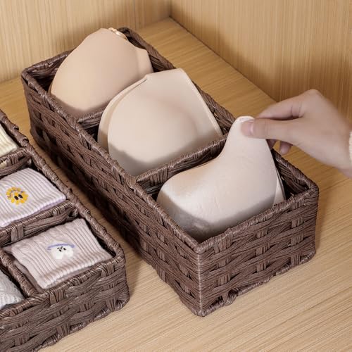 Toilet Tank Topper Paper Basket Multiuse Hand Woven Plastic Wicker Basket Bins with Divider for Shelves Rustic Farmhouse Bathroom Decor Countertop Organizer Storage - view 3