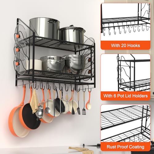 28 Inch Pot Rack Wall Mounted, 2 Tier Pots and Pans Organizer with 20 Hooks and 6 Pot Lid Holders, Heavy Duty Steel Pot and Pan Hanger for Kitchen Cookware Utensils Storage 34.7" Lx13 Wx26.4 H - view 5