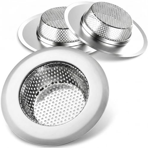 3-Pack Kitchen Sink Strainer - Stainless Steel Drain Filter with Large 4.5" Wide Rim, Anti-Clog Perforated Basket for Standard Sinks