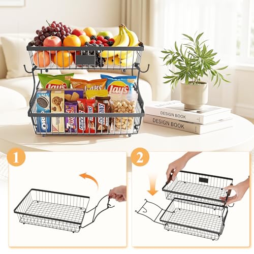 2-Tier Stackable Wire Basket with 2 Banana Hooks, Pantry Organizer for Kitchen Countertops, Cabinets & Under-Sink Spaces; Ideal for Storing Snacks, Fruits, Veggies, Onions, Potatoes, & More,Black - view 5