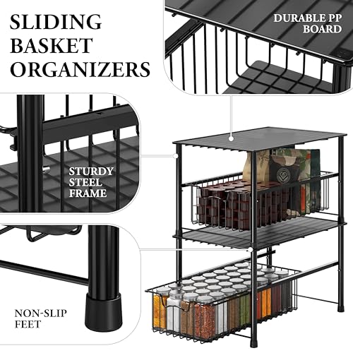 Wired Stackable Under Sink Cabinet Sliding Basket, Black - view 4