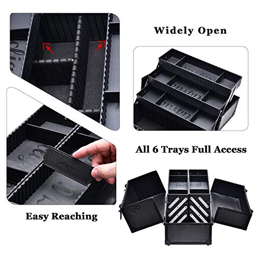 Makeup Train Case Professional Adjustable - 6 Trays Cosmetic Cases Makeup Storage Organizer Box with Lock and Compartments 14 Inch Large Black - view 5