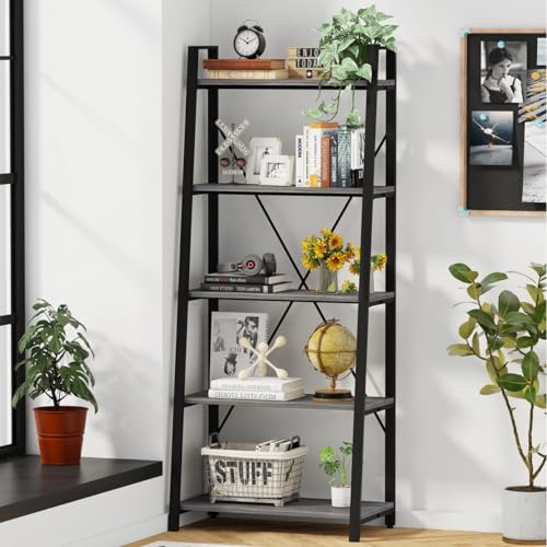 5 Tier Ladder Shelf, Leaning Bookshelf, Wood Metal Storage Shelf - view 2