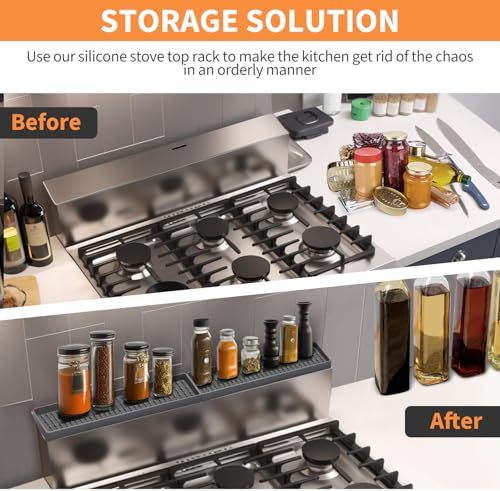 30" Magnetic Stove Top Shelf Spice Rack Storage, Silicone Top Heat Material Stove Rack Shelf Flexible Seasoning Organizer Kitchen Shelves Gadgets with 2 Functional Prtitions for Kitchen （Grey） - view 2