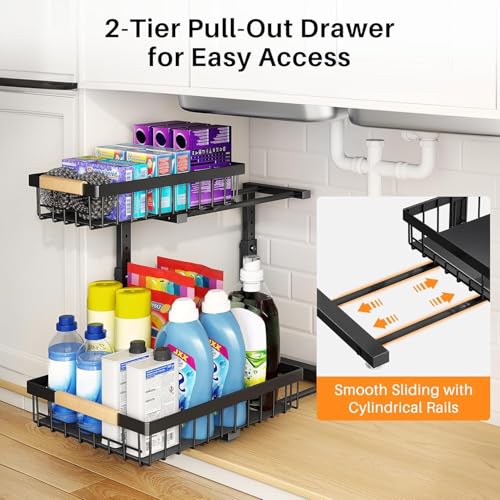 Under Sink Organizer, Adjustable Height, 2 Tier Pull Out Under Cabinet Organizer, Slide Out Thickened Metal Under Sink Storage for Kitchen Bathroom Laundry Pantry Cabinet, Black, Small-2-Pack - view 3