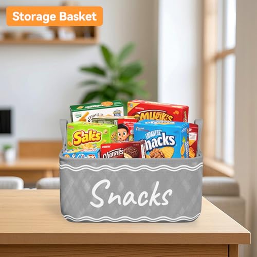 Snack Basket for Pantry & 5 Seal Clips - Snack Bin Organizer for Countertop - Imitation Linen Snack Storage Containers for Storing Chips, Pretzels, Cookies, Popcorn and more (1, Gray) - view 5