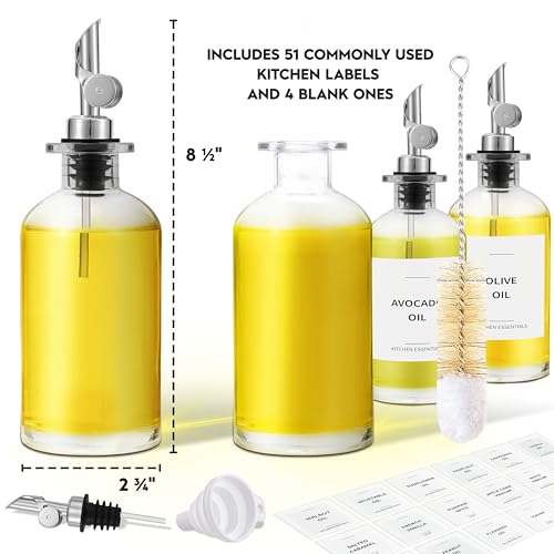 Olive Oil Dispenser Bottle - Includes 55 Kitchen Essential Labels - Cooking Oil Bottles for Kitchen, Coffee Syrup Dispenser - Pourer Spout with 11.8 fl oz Glass Container Cruet - 4pcs Silver - view 2
