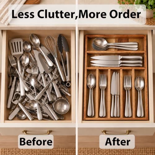 Acacia Wood Silverware Organizer Tray for Drawer, 7 Compartments - view 5