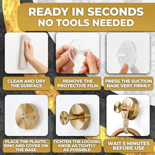 2 Pcs Gold Suction Cup Hooks for Shower, 11 lb, Removable (Gold) - view 5