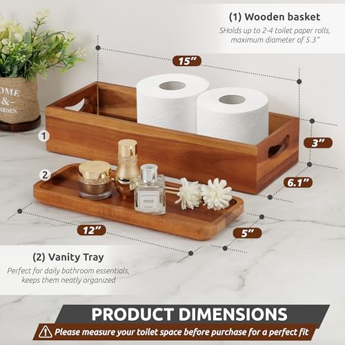 Toilet Tank Topper & Vanity Tray, Natural Acacia Wood Decor Set - view 2