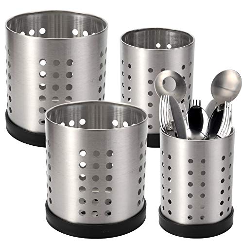 Set of 4 Kitchen Utensil Holder, Stainless Steel Cooking Utensil Organizer Flatware Silverware Holder Drying Rack Cylinder Kitchen Countertop Caddy for Chopstick, Spoon, Fork, Cultery, Straw