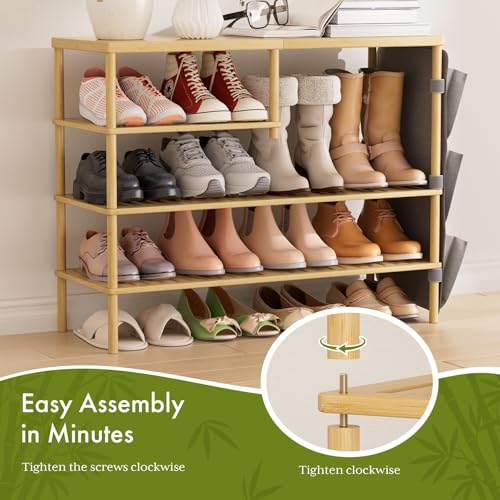 Bamboo Shoe Rack, 4 Tiers Shoe Organizer for Closet, Shoes Storage for 20-24 Pairs, Freestanding Shoe Shelf with Removable Pocket for Entryway Bedroom Front Door Dorm - view 3