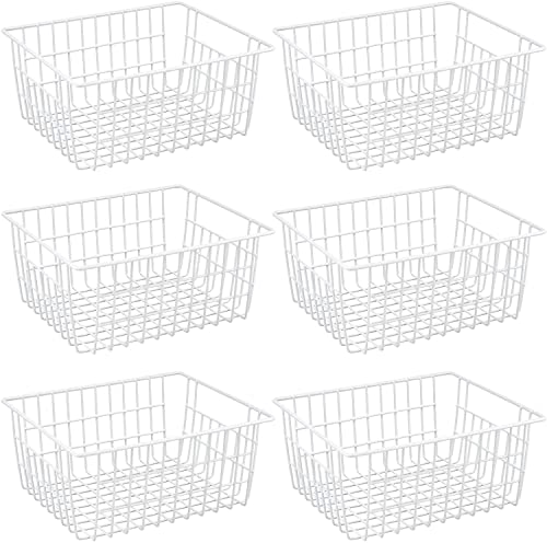 Wire Storage Baskets, Large Farmhouse Metal Freezer Basket Storage Organizer Bins with Handles for Kitchen Cabinets, Pantry, Closets, Bedrooms, Bathrooms, Set of 6, White