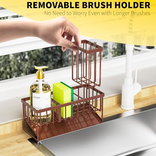 Kitchen Sink Caddy, Sponge Holder for Kitchen Sink, Kitchen Sink Organzier and Storage with High Brush Holder, Rustproof 304 Stainless Gadgets Sink Accessories(Brown) - view 4