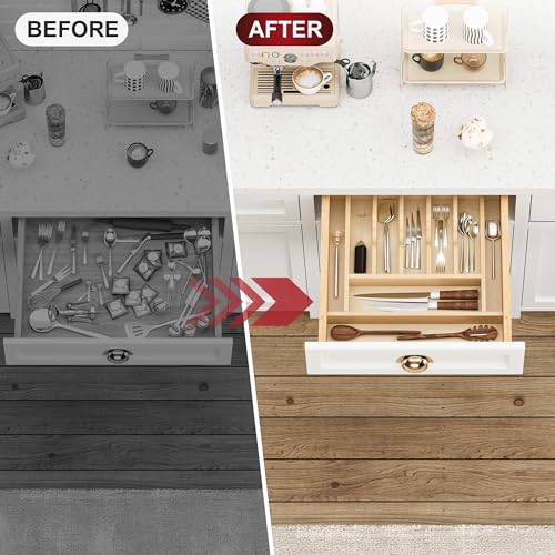 Natural Birch Wood Utensil Drawer Insert Organizer with 9 Compartments, Space-Saving Sturdy Drop-In Cutlery Divider Tray, Kitchen Cabinet Storage for Silverware, Spoons, Forks and Knives - view 4