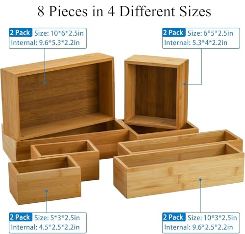 8 Pieces Bamboo Drawer Organizer Boxes, Stackable Drawer Organizer Storage Tray 4-Size, Versatile Dividers Cutlery Holders Bins Containers for Kitchen, Bathroom, Office Desk, Makeup, Jewelry - view 2