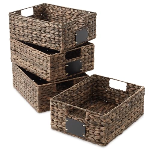 Set of 4 Water Hyacinth Pantry Baskets, 10" x 13" x 5", with Chalkboard Labels and Chalk Marker - Espresso, Woven Storage Bin Organizers for Kitchen Shelves - view 3