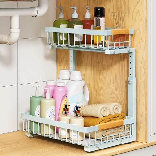 Under Sink Organizer, Adjustable Height, 2 Tier Pull Out Under Cabinet Organizer, Slide Out Thickened Metal Under Sink Storage for Kitchen Bathroom Laundry Pantry Cabinet, Blue, Large-1-Pack