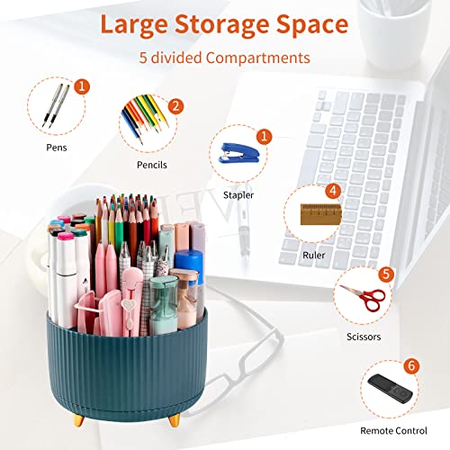 Desk Pencil Pen Holder, 5 Slots 360°Degree Rotating Pen Organizers for Desk, Desktop Storage Stationery Supplies Organizer, Cute Pencil Cup Pot for Office, School, Home, Art Supply, Dark Green - view 3
