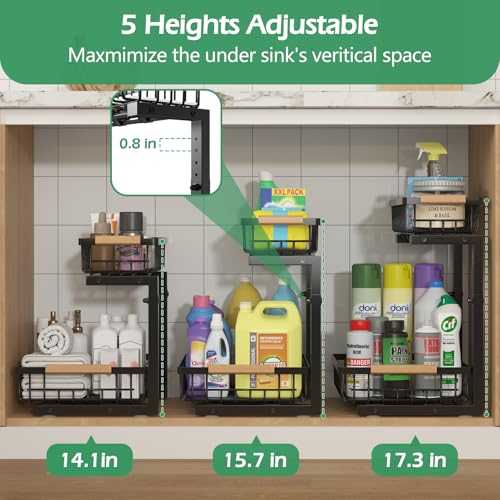 Under Sink Organizer 2 Packs, Pull Out Kitchen Sink Organizer, 2 Tier Slide Out Kitchen Organizers and Storage Bathroom Under Cabinet Storage Shelf, Black - view 3