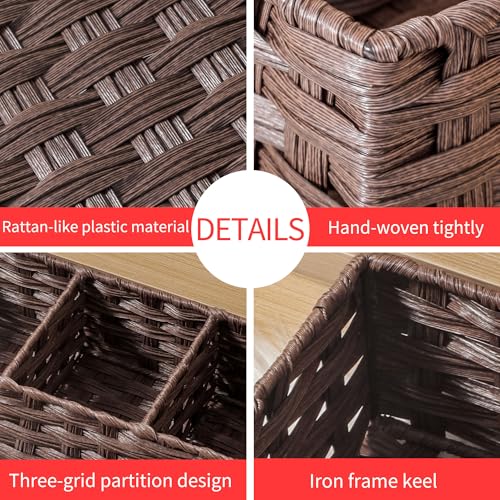 Toilet Tank Topper Paper Basket Multiuse Hand Woven Plastic Wicker Basket Bins with Divider for Shelves Rustic Farmhouse Bathroom Decor Countertop Organizer Storage - view 7