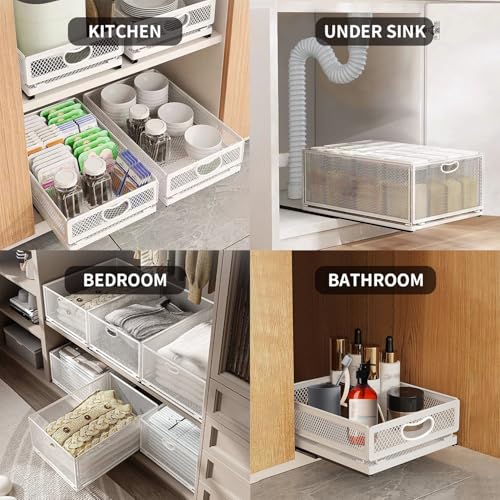 Sliding Cabinet Basket Organizer Drawer Self Adhesive Slide out Pantry Shelves Heavy Duty Carbon Steel Slide Cabinet Storage Basket with Handle for Bathroom Kitchen Home - view 6
