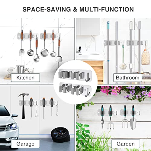 Wall Mount Mop and Broom Holder, Heavy Duty Stainless Steel Organizer Rack with Hooks | 2-Pack, 2-in-1 No Drill & Screw Installation, Silver - view 6