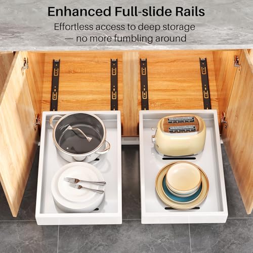 2Pack Pull out Cabinet Organizer, 21"Deep, Heavy Duty Full-extension Slide out Drawers for Kitchen Cabinet, Roll out Shelf Storage with Nano Adhesive for Pots, Bathroom, Pantry, Home, White - view 4