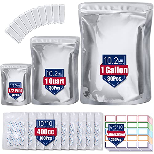 100 Pack 10.2 Mil Mylar Bags for Food Storage with Oxygen Absorbers 400cc
