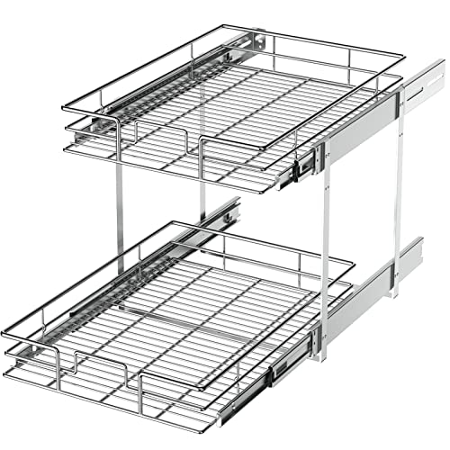 2 Tier Individual Pull Out Cabinet Organizer 10½" W x 21½" D, Slide Out Kitchen Cabinet Storage Sliding Shelves