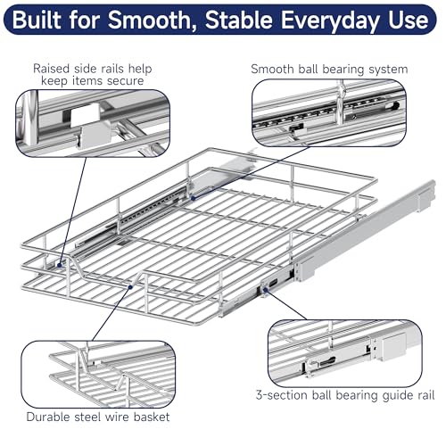 Pull Out Cabinet Organizer, 15.5" W x 21.5" D, Heavy Duty Chrome Slide Out Shelf for Base Cabinets, Sliding Wire Basket Drawer for Pantry Items, Bowls, Containers & Cleaning Supplies - view 5