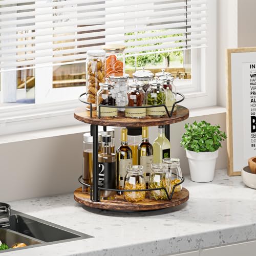 12" Wood Lazy Susan, 2 Tier-Rotating Spice Rack, Rustic Brown - view 3