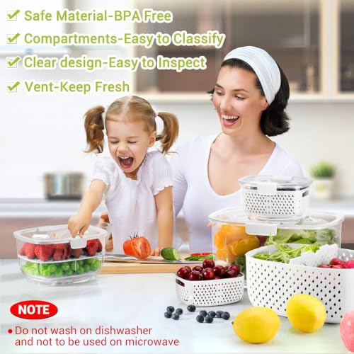 Fresh Produce Vegetable Fruit Storage Containers 3Piece Set, BPA-free, Partitioned Salad Container, Fridge Organizers, Used in Storing Fruits Vegetables, White - view 3