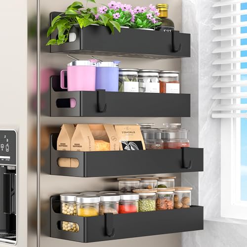 Upgrade Black Magnetic Spice Rack for Refrigerator, 4 Pack