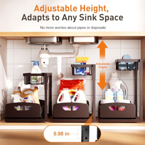 Under Kitchen Sink Organizer, Metal Pull Out Bathroom Organizers and Storage, 2-Tier Cabinet Organizer Shelf with Sliding Drawer, Home Organization for Kitchen, Laundry, Pantry, Brown, 2 pack - view 5