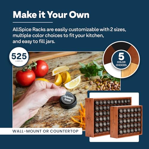 Spice Rack Organizer, Wood, 525 Unique Labels, Countertop or Wall Mount, Includes 60 4oz Jars- Cherry Stain - view 4
