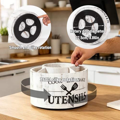 Rotating Utensil Holder for Kitchen Countertop, 360° Lazy Susan Wooden Utensil Organizer with 5 Compartments, Solid Wood Cooking Tool Storage Rack, Farmhouse White Kitchen Decor for Spatulas, Spoons - view 5