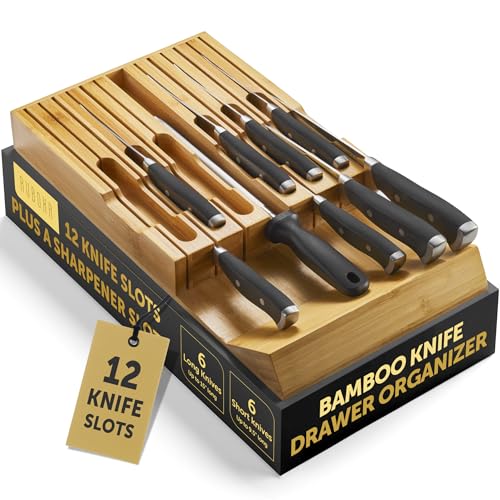 High-Grade 100% Bamboo Knife Drawer Organizer - 12 Slots Plus Sharpener, Secure, Practical, Eco-Friendly Knife Block