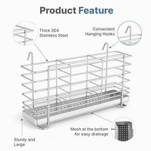 304 Stainless Steel Utensil Holder Drying Rack with Hooks, 2x8.7x5 - view 4