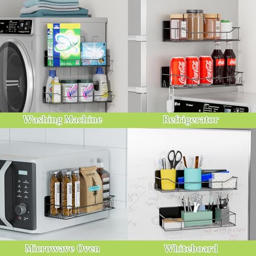 Magnetic Spice Rack for Refrigerator, 2 Pack Strong Magnet Spice Organizer Shelves with Hooks, Magnetic Fridge Shelf for Kitchen Organization and Storage, Seasoning Organizer Gadgets (Black) - view 7